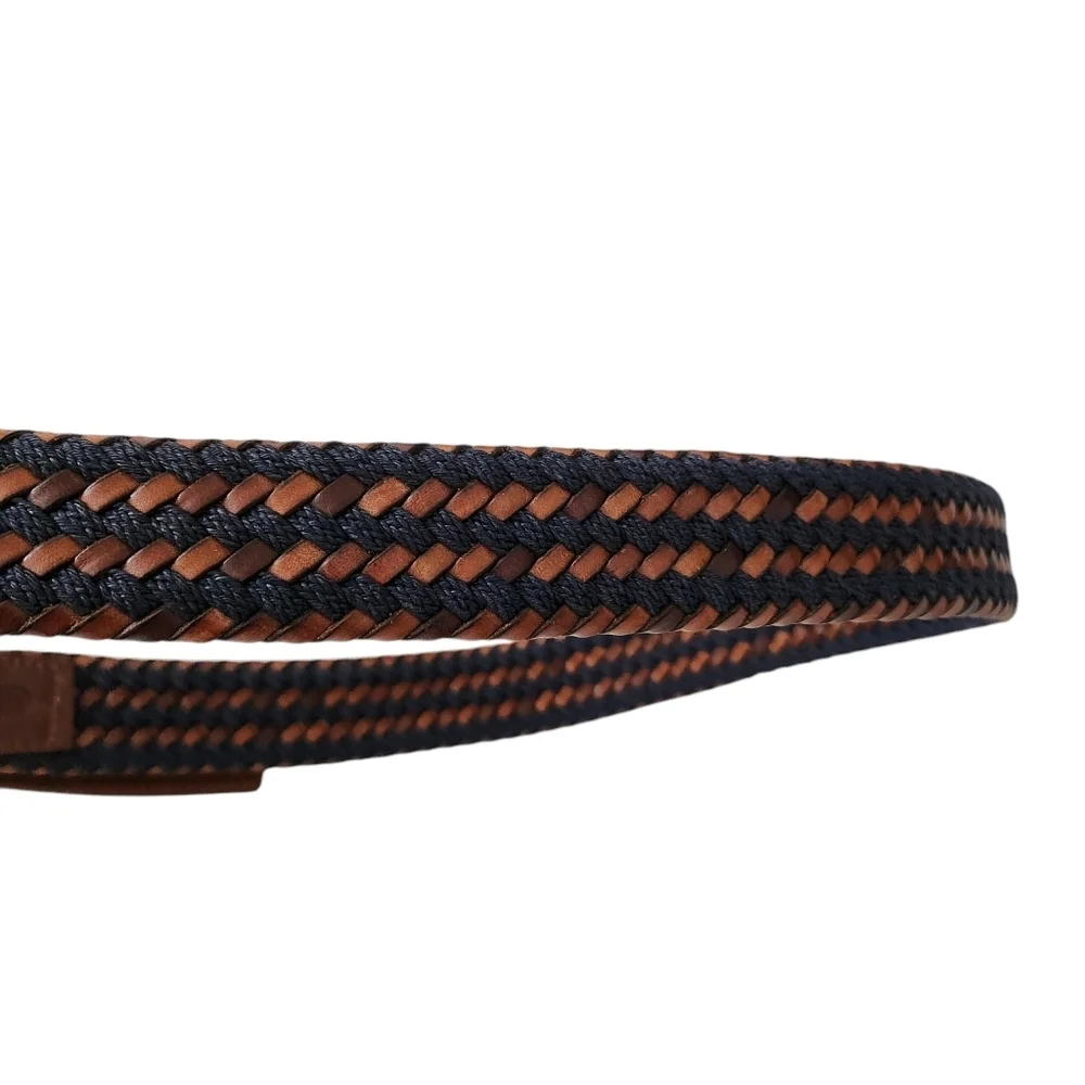 Longhi Belt Mens 40 Brown Blue Braided Woven Stretch Made‎ In Italy Solid Brass